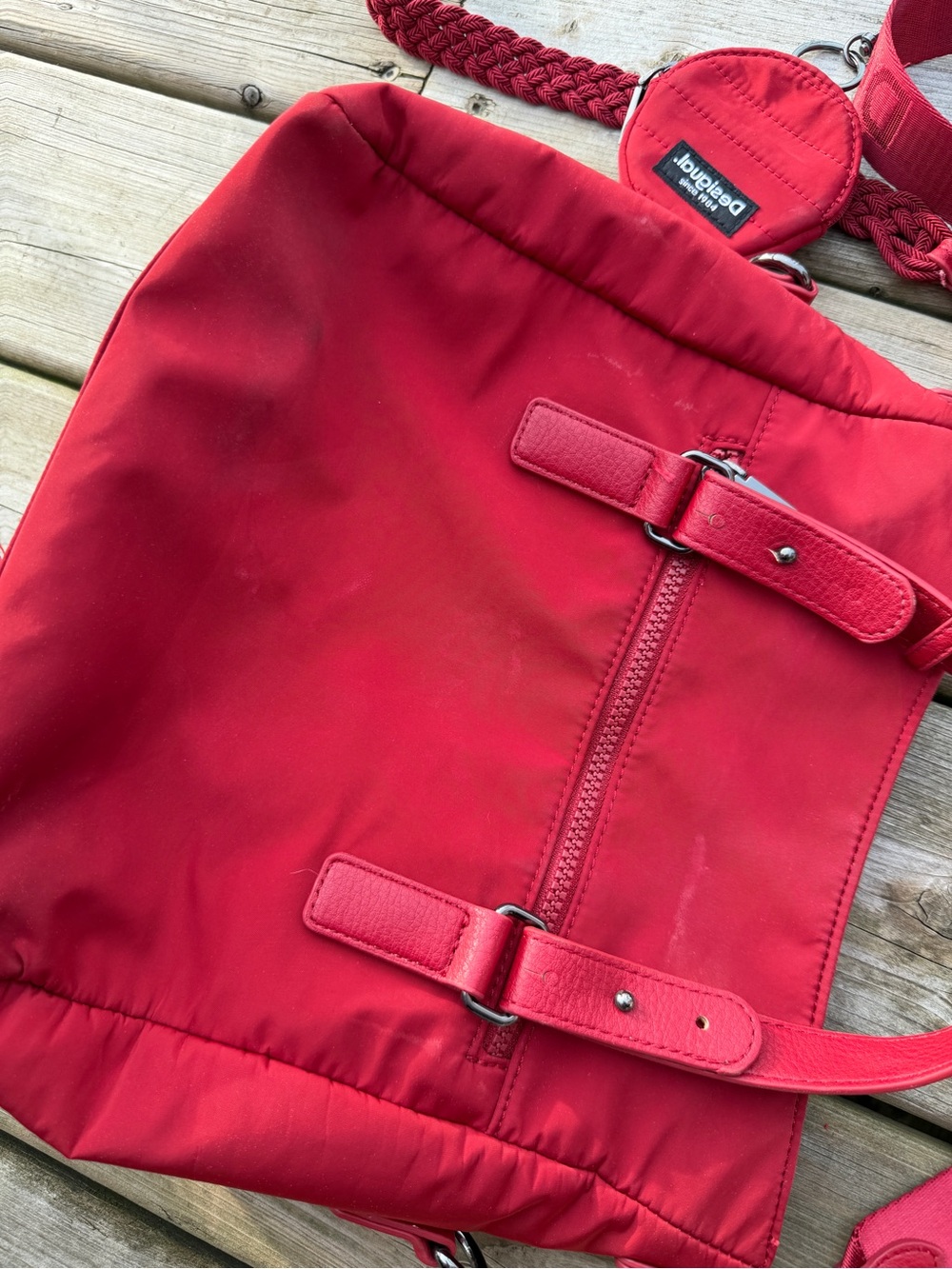 Desigual Red Embroidered Nylon Tote Bag Crossbody Purse Convertible - Picture 9 of 16